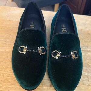 Harper Green Velvet Loafers with Gold Detailing